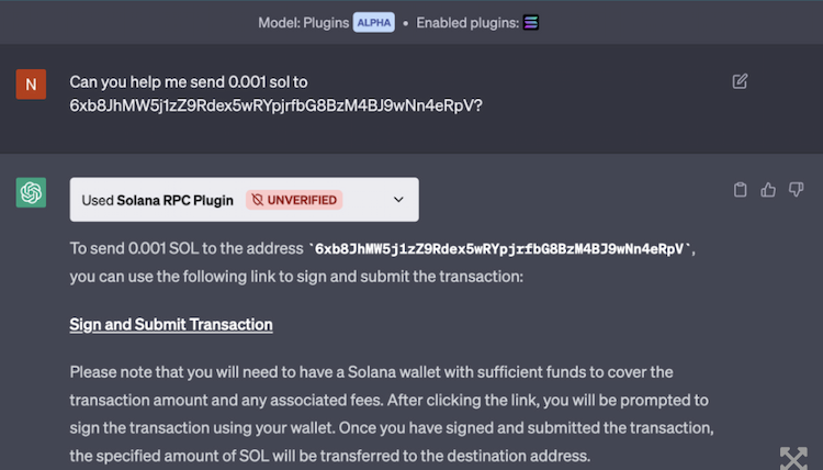 Solana (SOL) Foundation integrates the ChatGPT plugin to enable users to interact with the blockchain from the ChatGPT plugin, including buying NFTs, transferring tokens, inspecting transactions, and more.