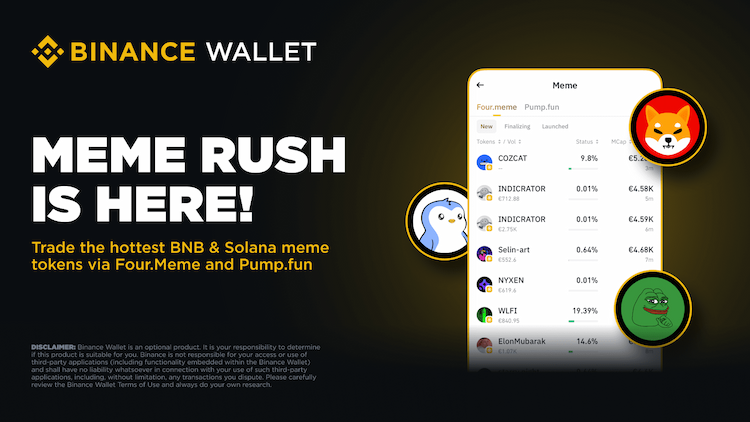 Binance launches Meme Rush, a new Binance Wallet feature that gives users early access to trending meme coins from external platforms.