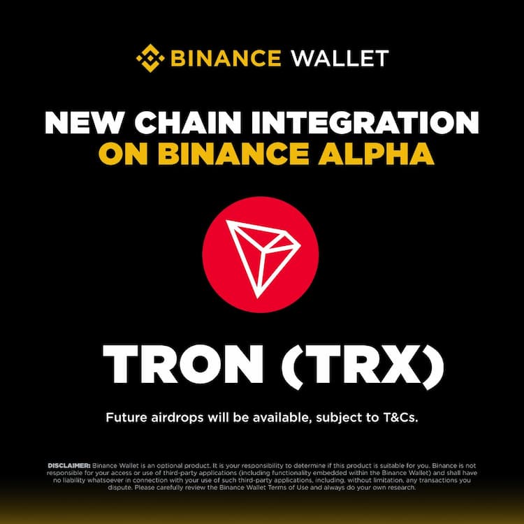 Binance Alpha adds TRON (TRX) network support for Alpha token trading via Limit Orders.